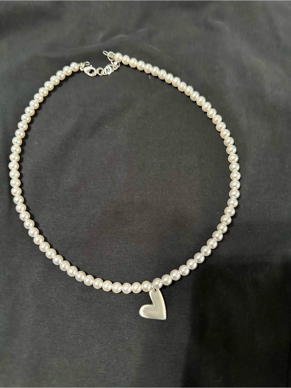 Pearl Bead Necklace with Silver Heart Pendant - White